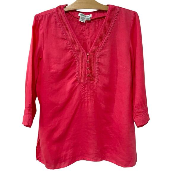 Coldwater Creek | Top Pink Linen V Neck 3/4 Sleeves Beach Vacation- Size Medium - Picture 1 of 6